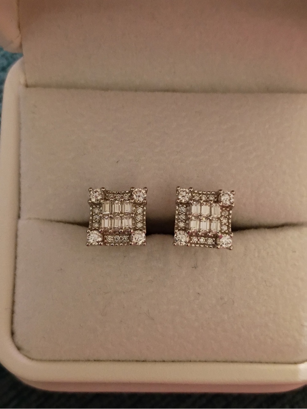 Diamond Square Halo Stud Earrings in White Gold Tone
